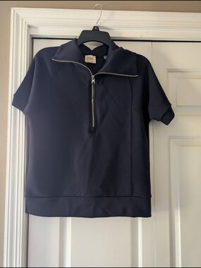 Elie Tahari Navy Short-Sleeve Half-Zip Top